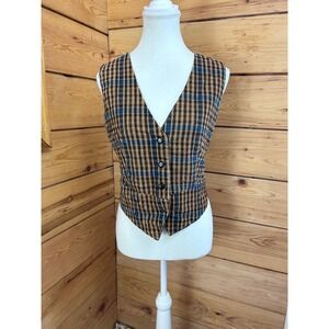 Vintage‎ Plaid Tailored Vest Brown Blue Woven Button Front Waistcoat Womens